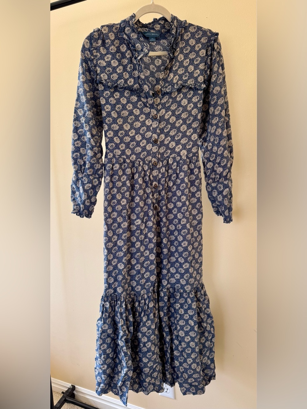 🩵 April Cornell Blue Floral Long-Sleeve Tiered Maxi Dress size XS